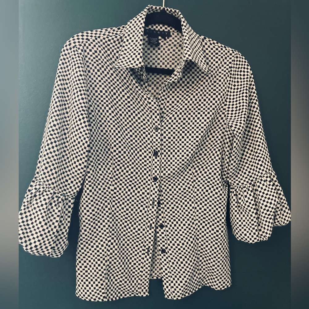 Checkered button down with puff sleeves